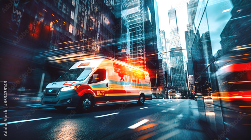 Ambulance car on city road, motion blur image with focus on automobile  - obrazy, fototapety, plakaty 