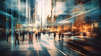 Motion blur of people crossing city road, cars and public transport stopped at traffic light. Beautiful lights reflection in Skyscrapers glass