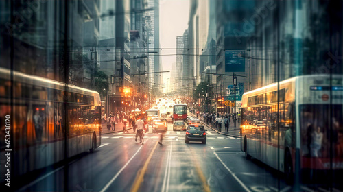City street perspective view with lots of cars and busses, motion blur with beautiful lights and sunset reflections 