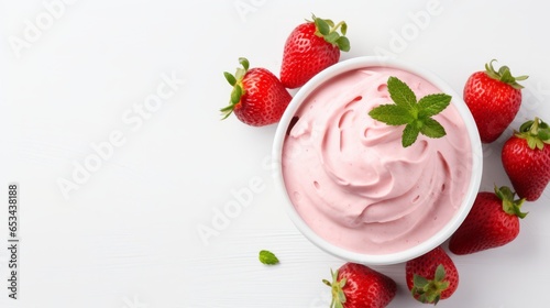 Strawberry ice cream on white background top view. Delicious sweet ice cream with Strawberry in white plate. Food photography. Horizontal format, for bar menu AI generated.