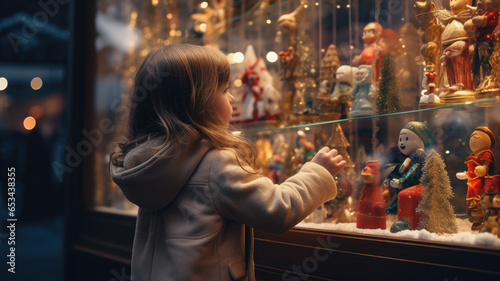 A beautiful little girl is standing near the window of a toy store, putting her hands on the glass