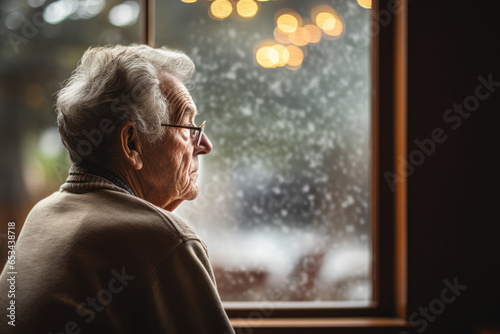 A lonely elderly person looking out of a window, symbolizing the isolation and mental health challenges often faced by seniors. Concept of social isolation. Generative Ai. photo