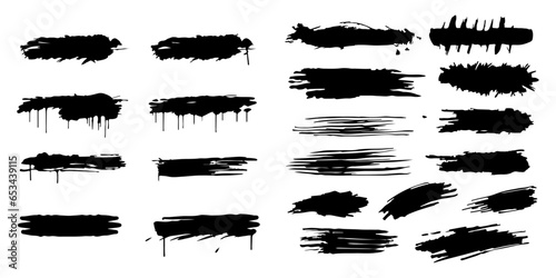 Black Paint Spot Set and Hand Drawn Vector Ink Brush Strokes Creating Artistic Backgrounds with Dirty Paint Smears. Also Contains Grunge Texture Scribbles Design Element Isolated