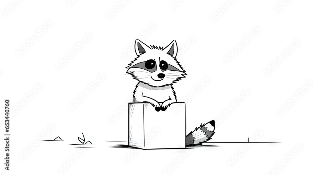 Fototapeta premium a drawing of a raccoon sitting on top of a box. generative ai