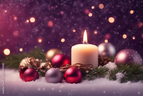christmas candle, christmas balls, candy canes and pine branches with snowfall