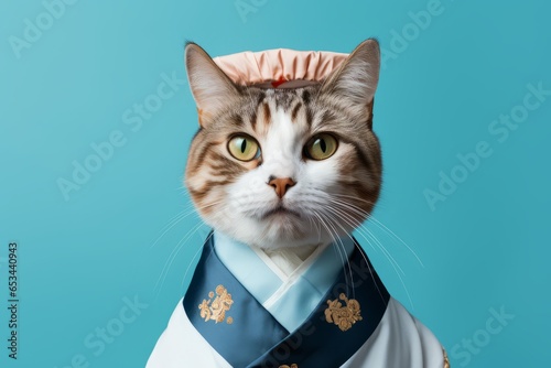 singapura cat wearing a sushi chef costume against a sky-blue background photo