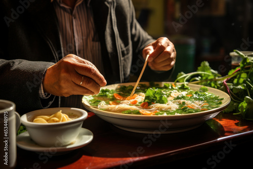 A person enjoying a bowl of pho at a Vietnamese restaurant, savoring the flavors of traditional Vietnamese cuisine. Generative Ai.