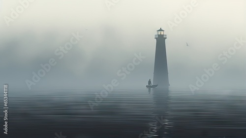  a lighthouse in the middle of a body of water with a boat in front of it. generative ai