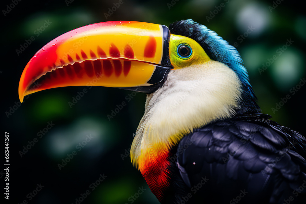 Closeup of an exotic colorful tucan in the rainforest Closeup of an exotic colorful tucan in the rainforest