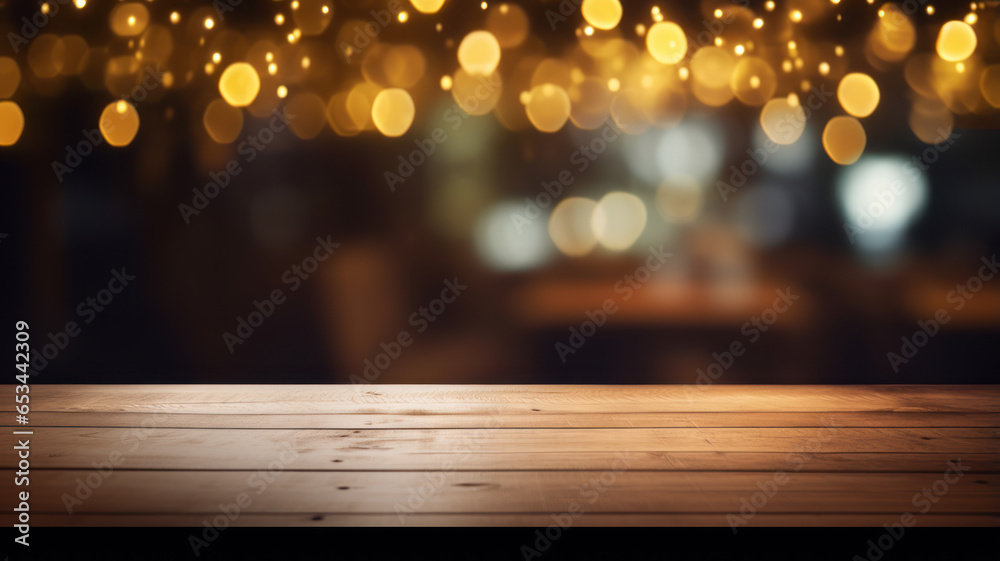 Wooden Table Elegance, Golden Bokeh in Restaurant Space Wooden Table Elegance, Golden Bokeh in Restaurant Space