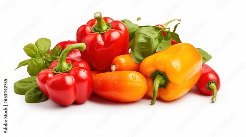 Bell Peppers, Cherry Tomatoes, and Basil on Seamless White Background Bell Peppers, Cherry Tomatoes, and Basil on Seamless White Background