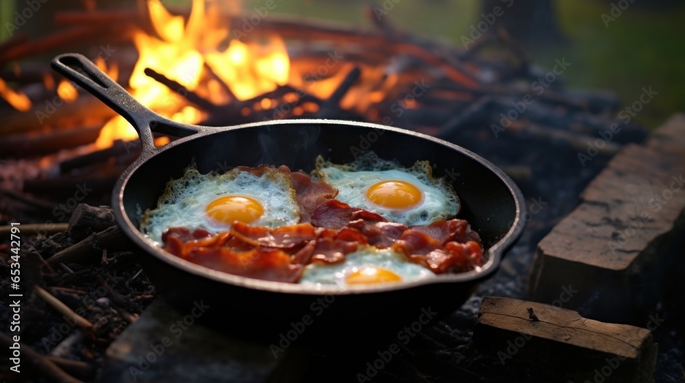 Rustic Camping Breakfast: Bacon and Eggs in Cast Iron Skillet Rustic Camping Breakfast: Bacon and Eggs in Cast Iron Skillet