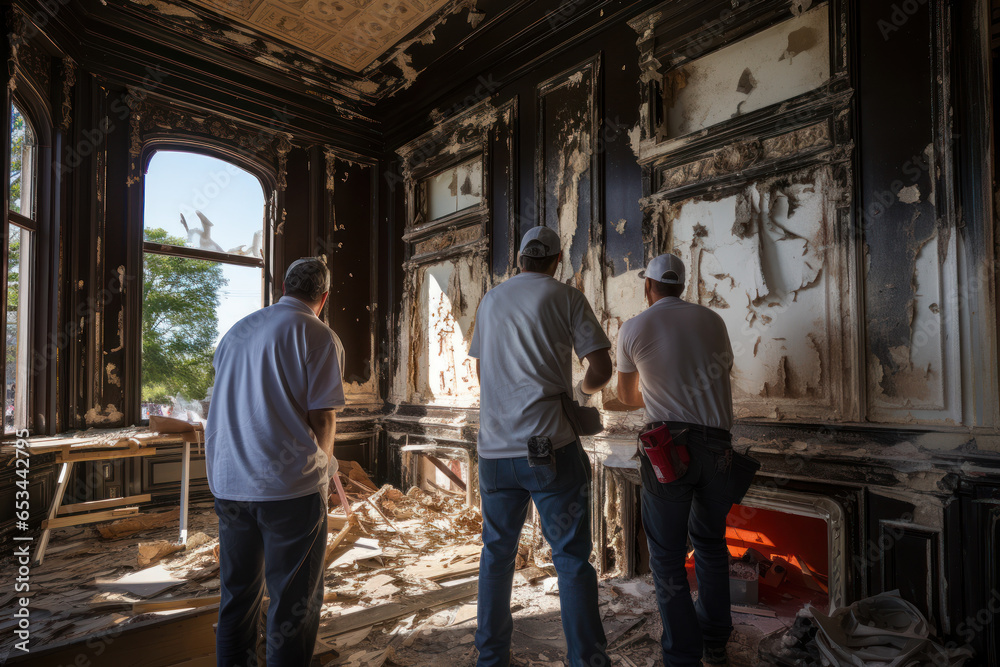 Preservationists documenting the architectural details of a decaying historic mansion. Generative Ai.