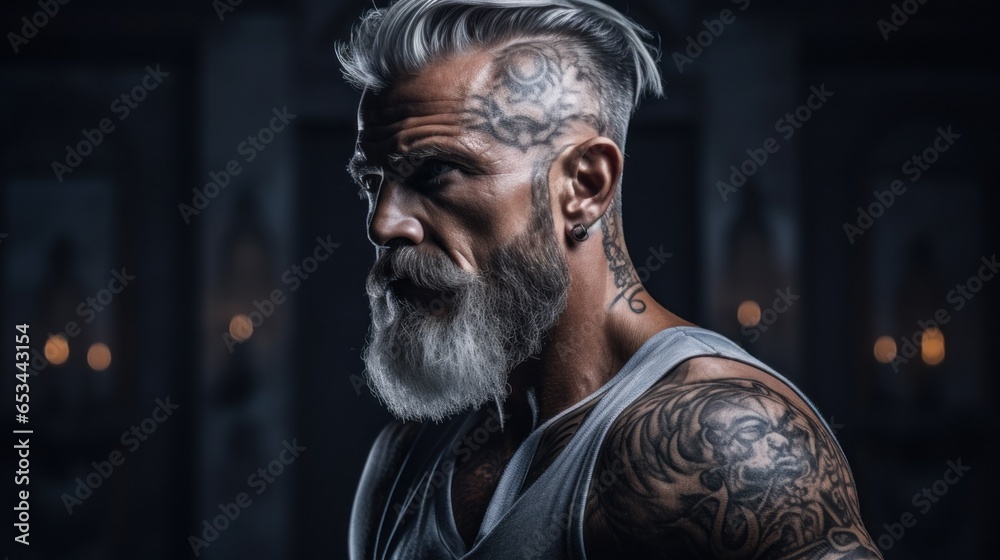Dramatic Portrait of Muscular Gray-Bearded Man