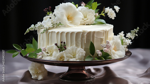 White wedding cake decorated with flowers and green leaves on a blurred background.