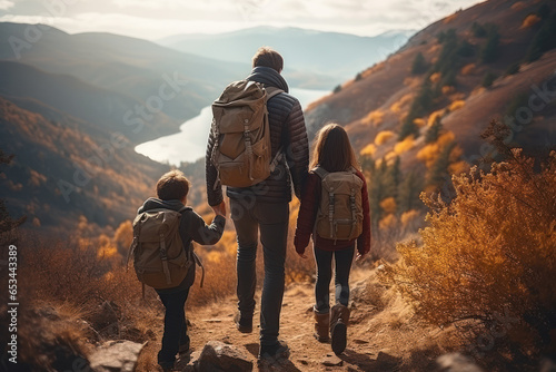 A family hiking in nature, prioritizing outdoor activities and health. Generative Ai.