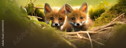 small red fox cubs exploring their natural environment, their innocent curiosity shining through.