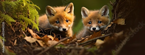 small red fox cubs exploring their natural environment, their innocent curiosity shining through.