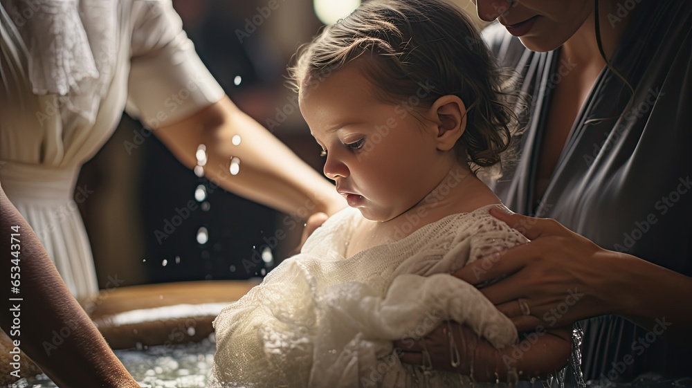 the serene face of an infant during the sacrament of baptism, with the priest's hand gently pouring water over the child's head. - obrazy, fototapety, plakaty 