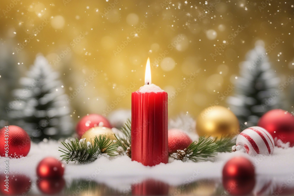 christmas candle, christmas balls, candy canes and pine branches with snowfall