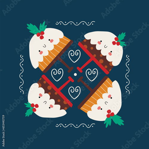 Christmas vector print with cartoon pie and ornament.  Great for wallpaper  backgrounds  packaging  fabric  scrapbook
