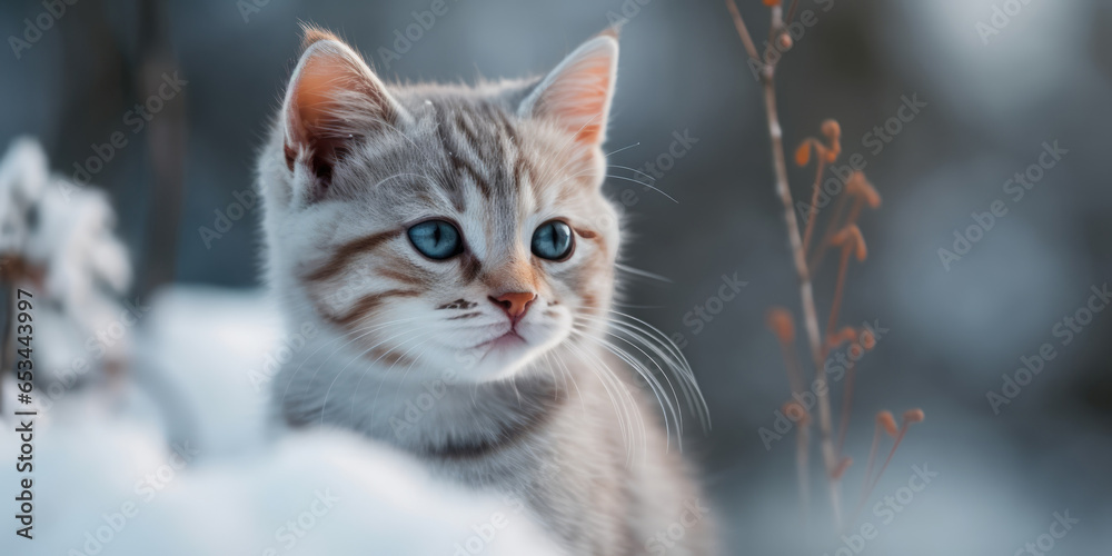 Cute Ginger Cat on snow background. Red kitten striped and Christmas Tree branches. Christmas Winter-Themed Pet. Background for Christmas, New Year, XMas, Cat Day greeting card Cute Ginger Cat on snow background. Red kitten striped and Christmas Tree branches. Christmas Winter-Themed Pet. Background for Christmas, New Year, XMas, Cat Day greeting card