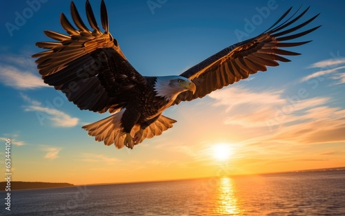 An eagle flies in an open blue sky and on the horizon the sun begins to set. Generative AI © piai