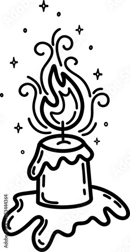 Vector illustration of a burning candle and sparks. Black and white illustration. A burning paraffin candle in the dark. A spark of flame. Vector isolated illustration.