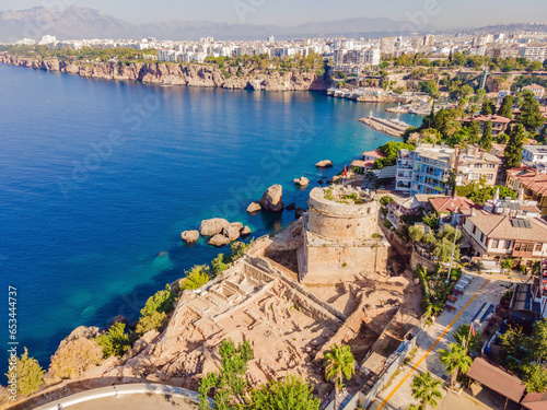 Hidirlik Tower, landmark of old town in Antalya Turkey. Drone view photo