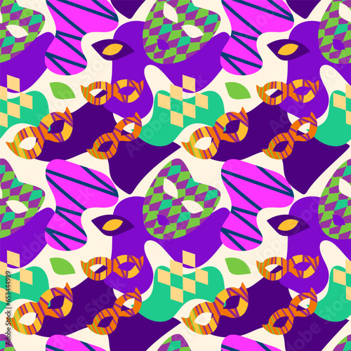A bright pattern for the Mardi Gras holiday. Carnival masks, abstract forms. Purple, green, orange, white. For fabric, textiles, wrapping paper, postcards. © Olga