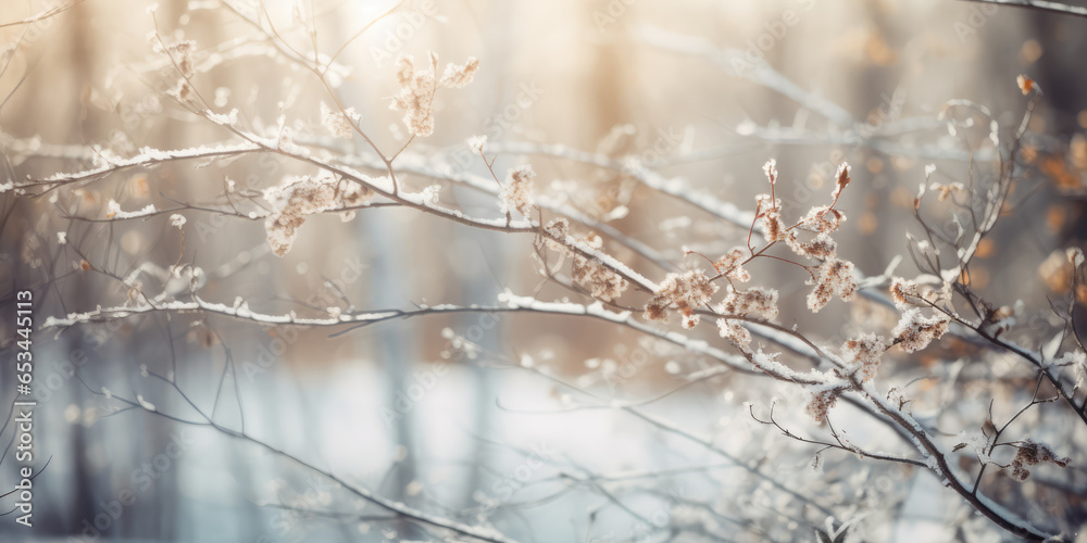Frost and Snow on Tree Branches. Forest tree, dry leaves and plant covered in first snow. Blurred natural autumn or winter background Frost and Snow on Tree Branches. Forest tree, dry leaves and plant covered in first snow. Blurred natural autumn or winter background