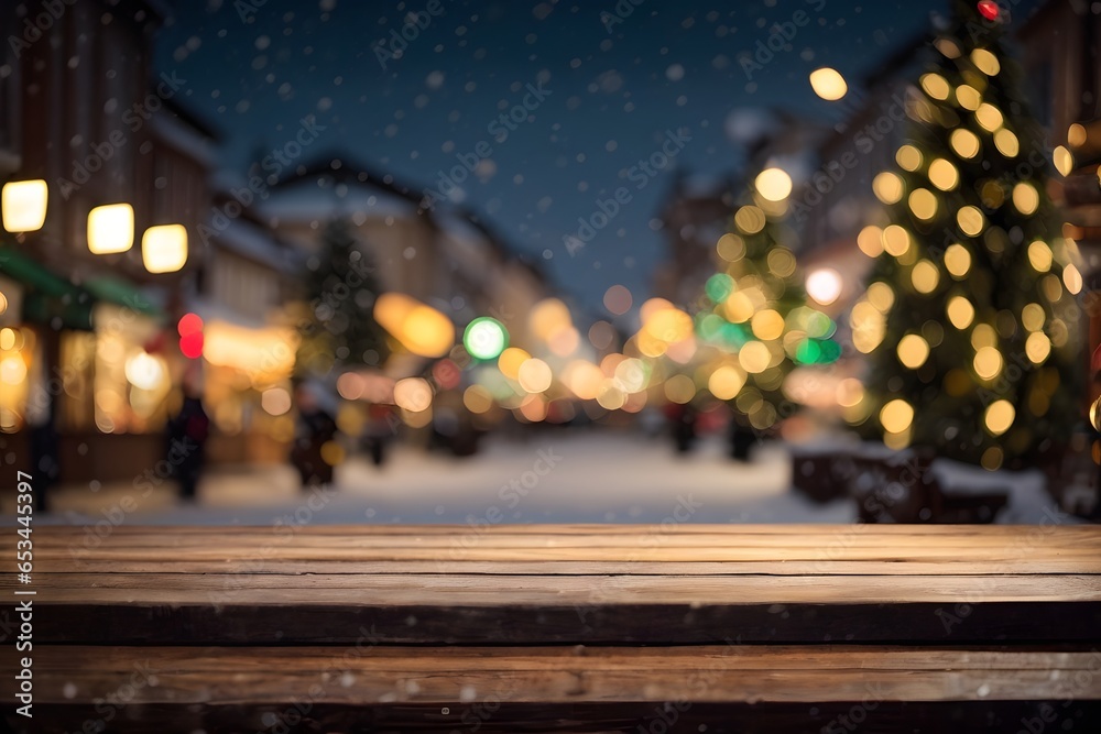 Empty wooden table top with blurred Christmas tree and snowfall with bokeh light background. Generative Ai.
