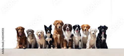 Row of cute dogs of different breeds lined up, sitting and looking at the camera. Pet shop web banner