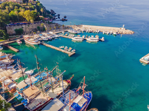 View of old Antalya from a drone or bird's eye view. This is the area of the old city and the old harbor