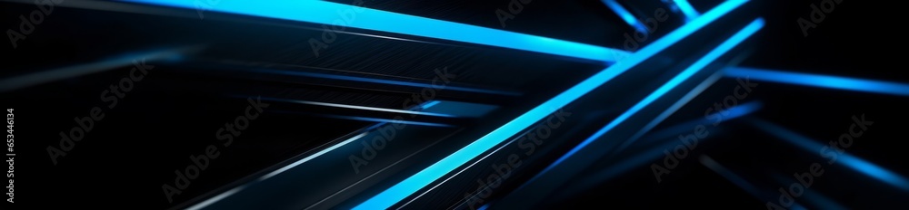 Black blue abstract modern background for design. Dark. Geometric shapes. 3d effect. Diagonal lines, stripes. Triangles. Gradient. Light, glow. Metallic sheen. Minimal. Web banner. Wide