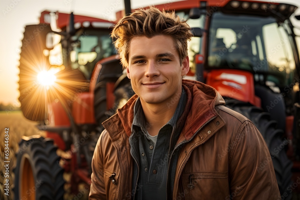 Portrait of an experienced attractive young farmer posing in a field in front of a tractor or combine harvester during a late autumn sunset with sunflares in the background. Generative Ai. Portrait of an experienced attractive young farmer posing in a field in front of a tractor or combine harvester during a late autumn sunset with sunflares in the background. Generative Ai.