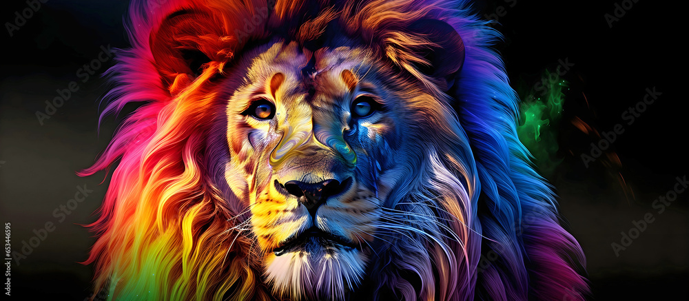 Fototapeta Panorama colorful lions head.AI generated.