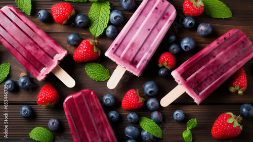 Homemade popsicles with fresh berries on wooden background. Top view © Alex