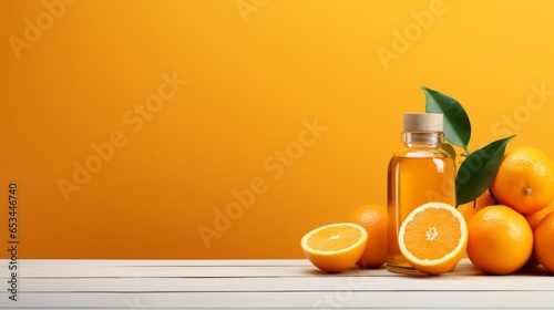 Citrus tincture. Tincture bottle of Orange on table on orange background. Herbal medicine. For banner,poster, site. Photo AI generated.