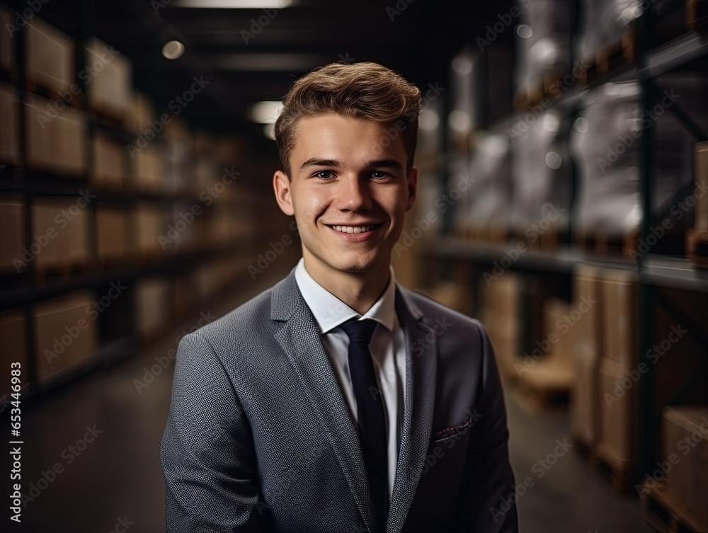 Smiling modern young businessman in warehouse Smiling modern young businessman in warehouse