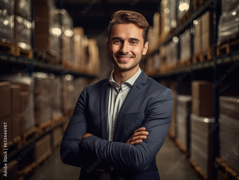 Fototapeta premium Smiling modern young businessman in warehouse