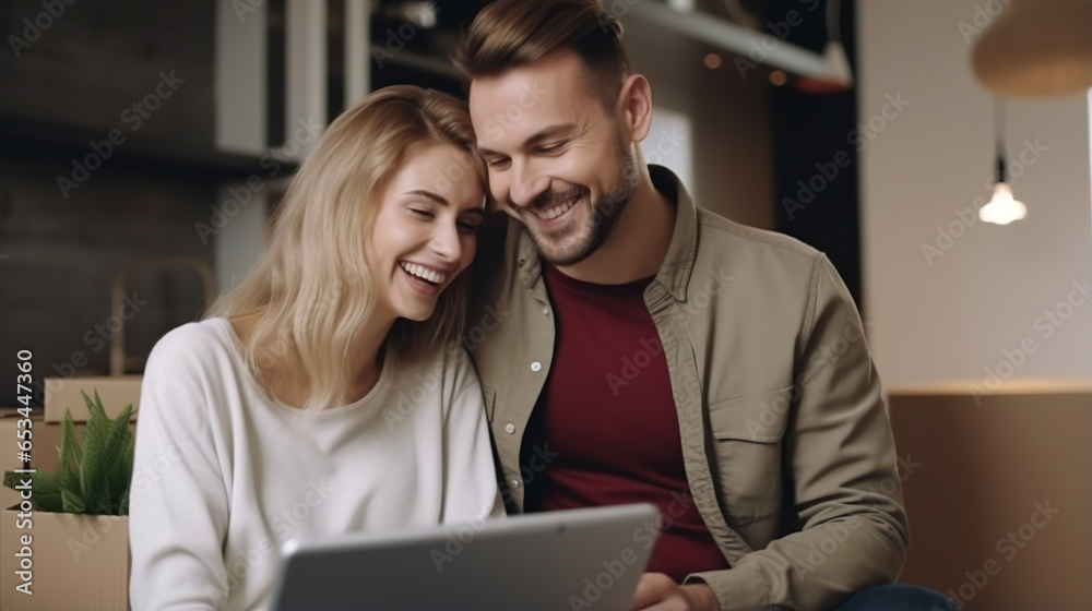 Close up a smiling young couple planning the interior of their new apartment on a tablet Close up a smiling young couple planning the interior of their new apartment on a tablet