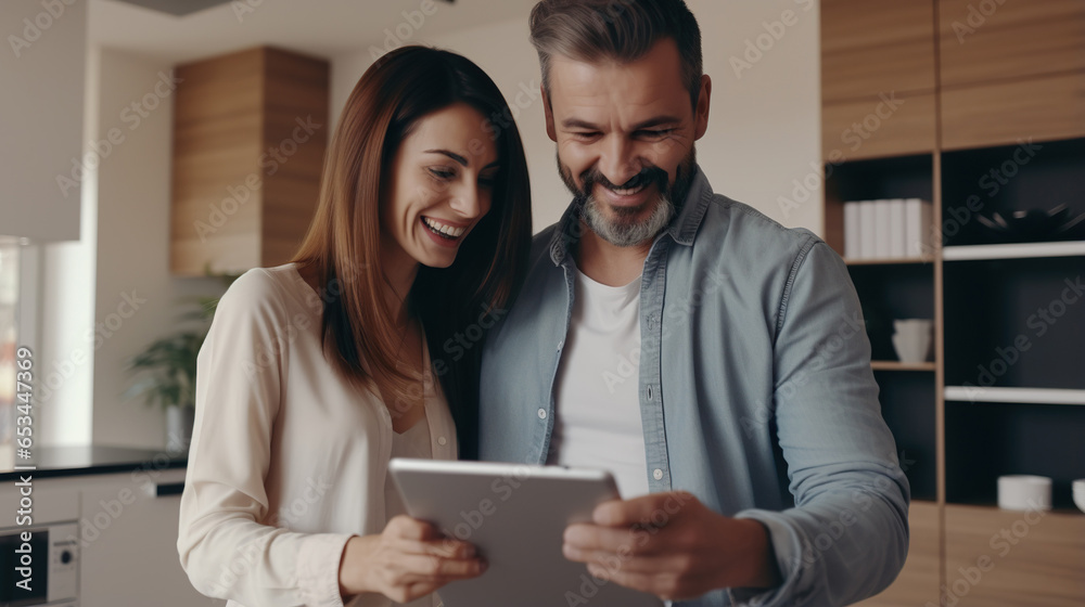Close up a smiling young couple planning the interior of their new apartment on a tablet Close up a smiling young couple planning the interior of their new apartment on a tablet