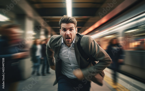 A young business man running stressful to catch the train © AI_images
