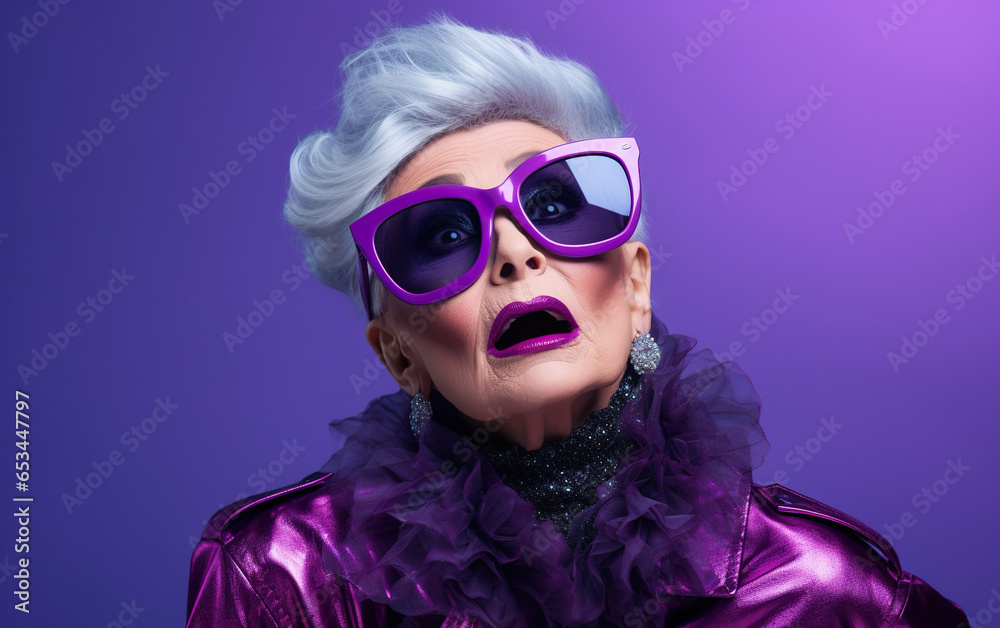 An old woman as a supermodel with much makeup in futuristic fashion clothes on purple background. An old woman as a supermodel with much makeup in futuristic fashion clothes on purple background.