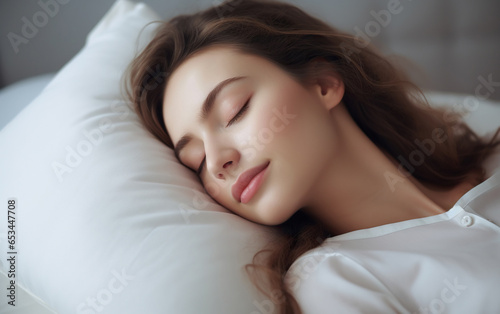 A woman is sleeping on white pillow