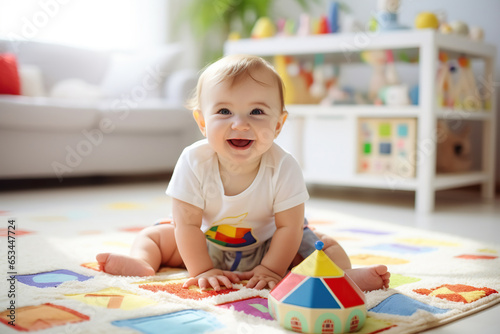 Adorable baby boy learning and playing with colorful toys