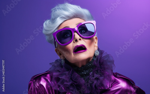 An old woman as a supermodel with much makeup in futuristic fashion clothes on purple background.