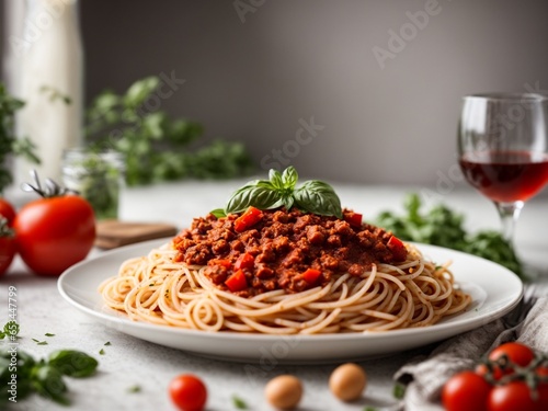pasta with tomato sauce, mozzarella cheese, and fresh basil on a plate on a white wooden background.
