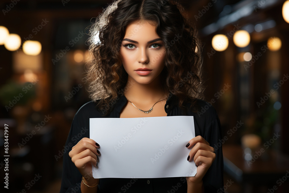Close up shot of beautiful young woman with holding blank paper